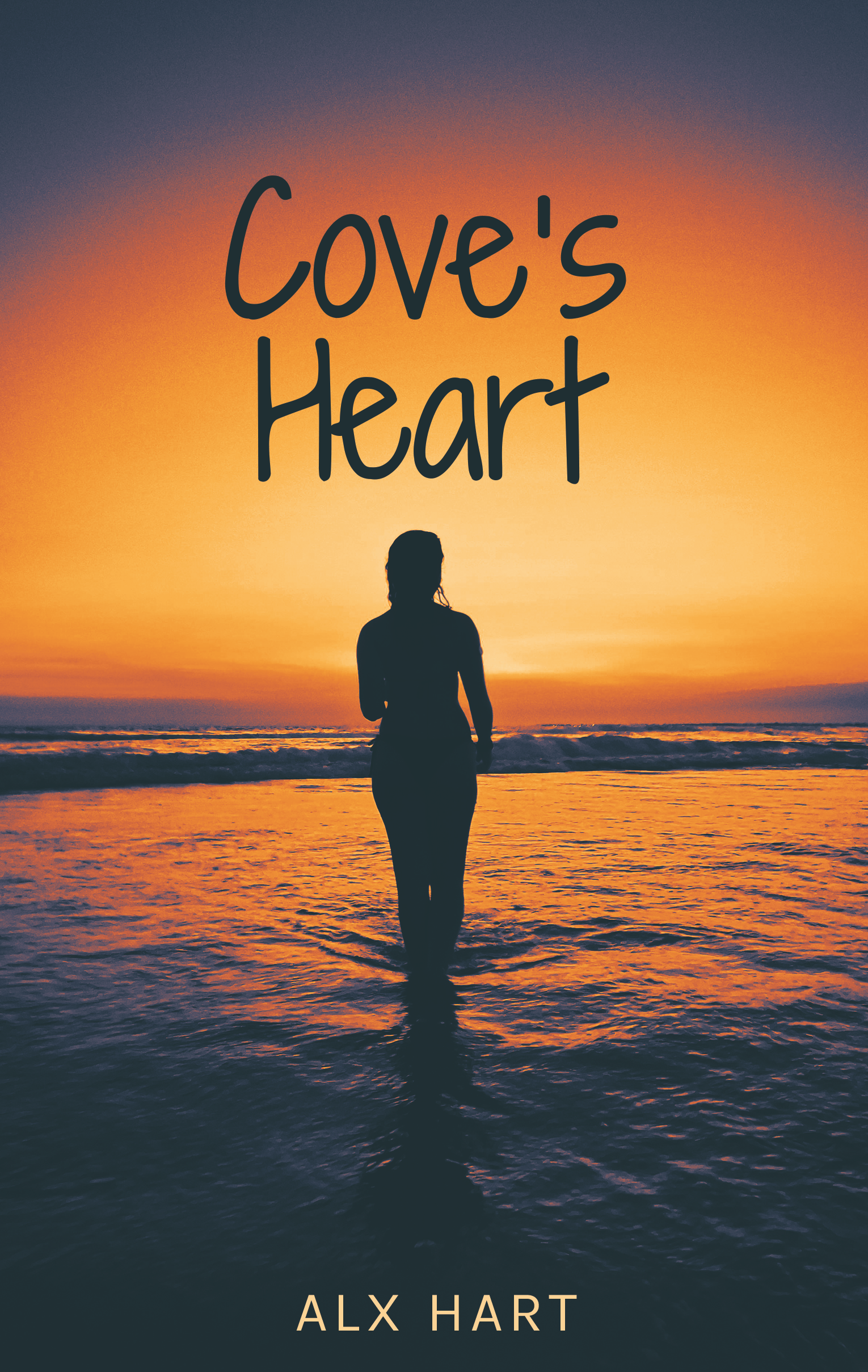 Cover of Cove's Heart: photograph of the silhouette of a woman silhouetted against the horizon of a cove at sunset, with the sea and waves in the background.